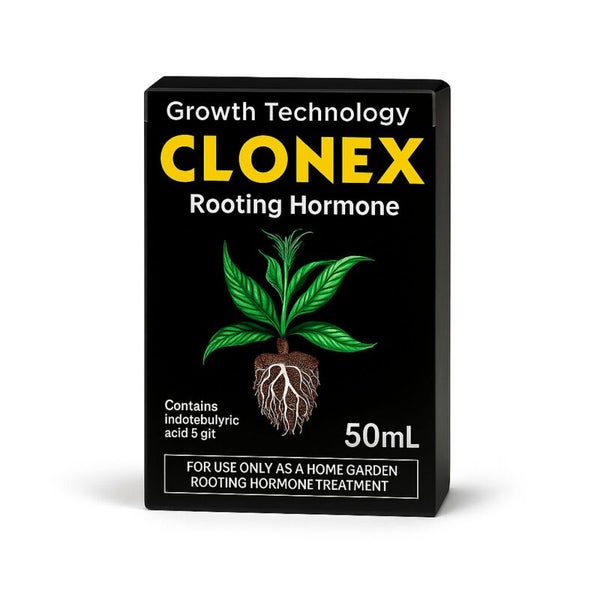 Clonex Bewurzelungshormon von Growth Technology, 50 Milliliter Packung, schwarze Schachtel mit Abbildung einer bewurzelten Pflanze.