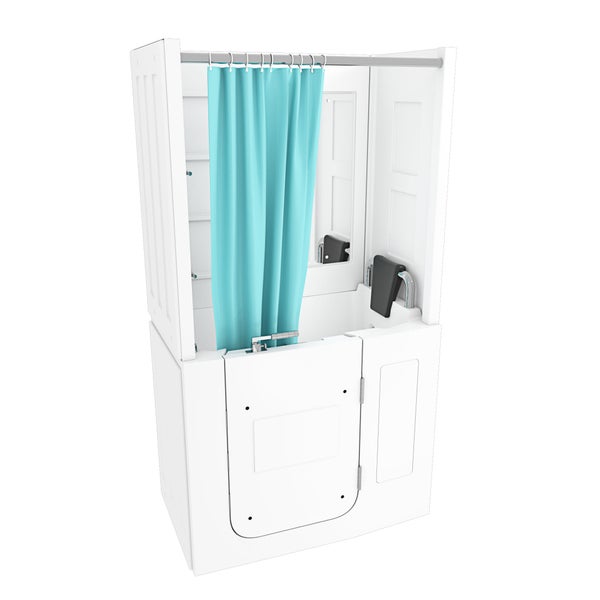 Seniorenbadewanne mit integrierter Duschwand, Seiteneinstiegstür und Duschvorhang für barrierefreies Baden.