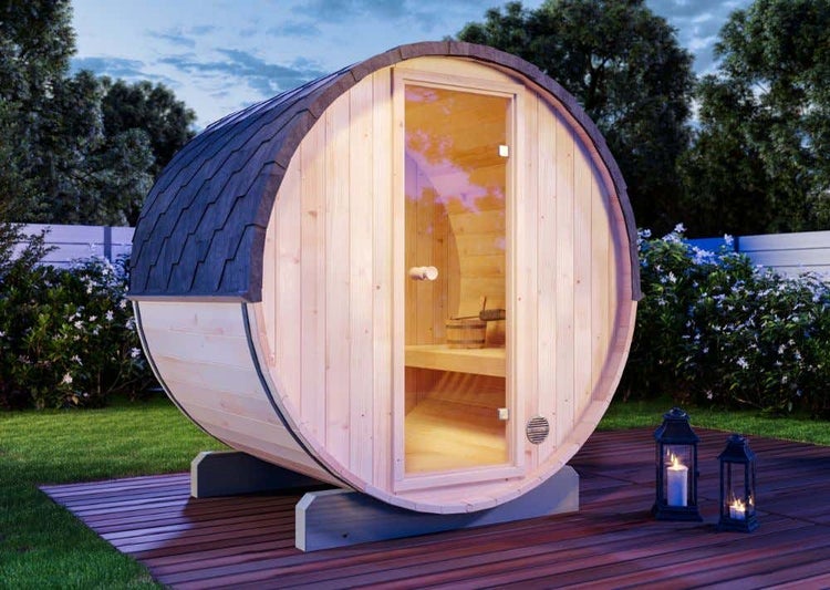 FinnTherm Fass-Sauna Mini XS Fasssauna 2 Sitzbänke aus Holz Sauna mit 42 mm Wandstärke, Außensauna