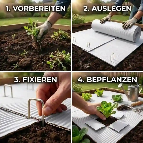 Anleitung in vier Schritten zur Unkrautvlies Verlegung in einem Hochbeet, inklusive Vorbereitung, Auslegen, Fixieren und Bepflanzen.