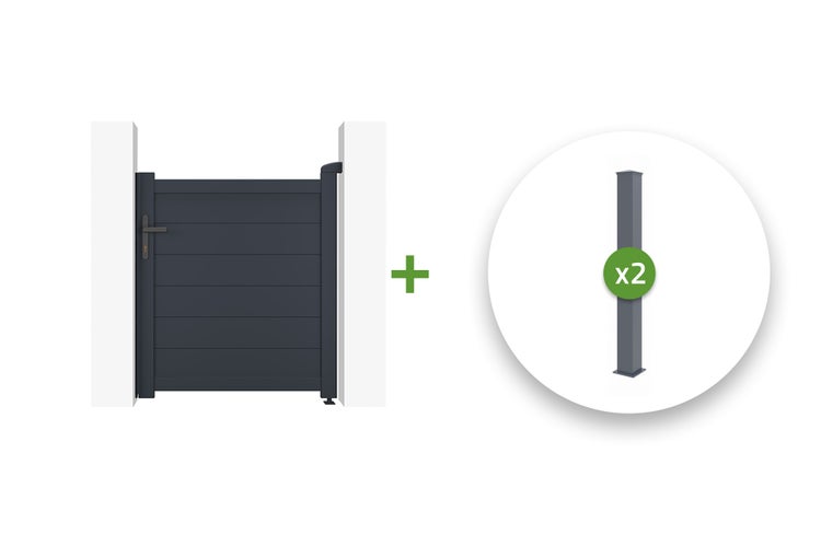 Modernes Gartentor aus Aluminium in Anthrazit mit horizontalen Lamellen inklusive zwei passenden Zaunpfosten.