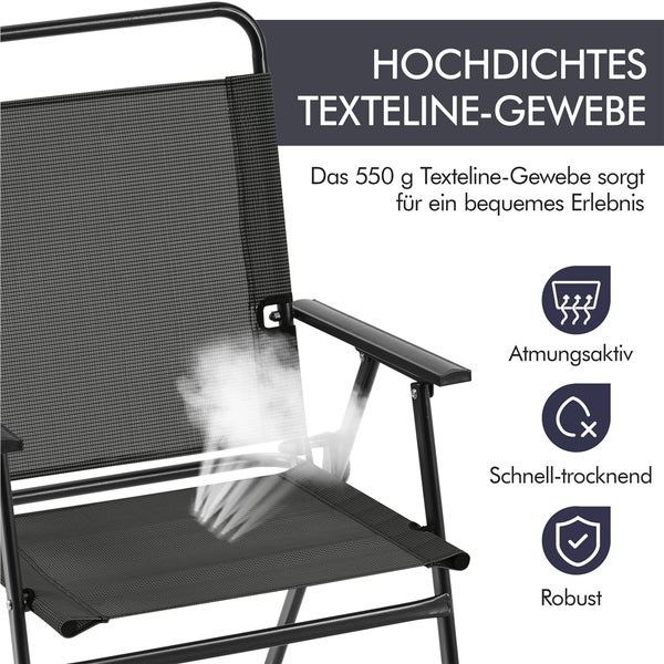Gartenstuhl aus hochdichtem Texteline-Gewebe, das atmungsaktiv, schnelltrocknend und robust ist.