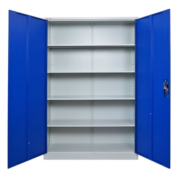 Stahlschrank mit offenen blauen Türen und fünf Regalböden