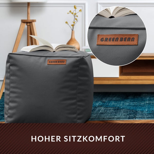 Grauer Sitzwürfel aus Kunstleder mit Buch und Green Bean Logo