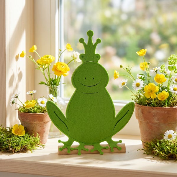 Dekorativer Frosch aus Filz mit Krone auf einem Holzsockel als Fensterdekoration zwischen Töpfen mit Frühlingsblumen.