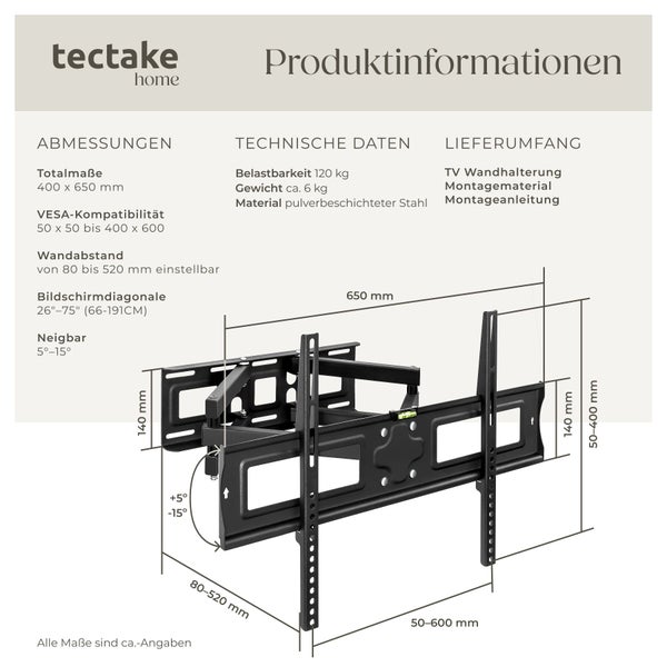 Produktinformationen zur TV Wandhalterung von tectake home mit technischen Details und Abmessungen