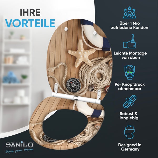 Sanilo Logo. WC-Sitz mit maritimem Design. Vorteile: über 1 Million Kunden, einfache Montage von oben, abnehmbar, robust, in Deutschland entworfen.