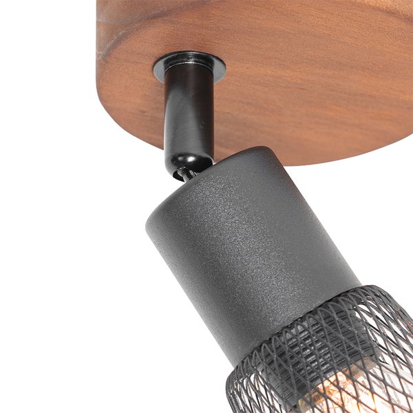 Deckenleuchte mit Holzsockel und Gitter-Lampenschirm