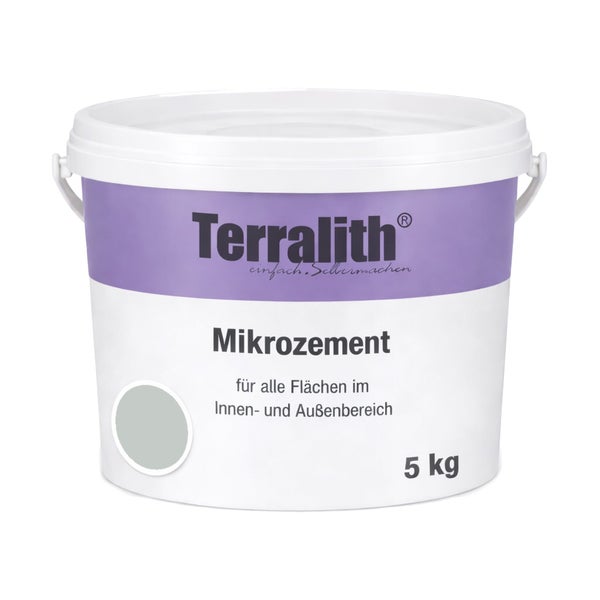 Terralith Mikrozement für den Innen- und Außenbereich im 5 Kilogramm Eimer.
