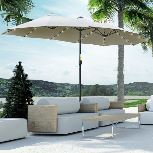 Outsunny Sonnenschirm mit LED Solar 4,5m Doppelsonnenschirm Gartenschirm Marktschirm Terrassenschirm Oval Hellgrau+Schwarz