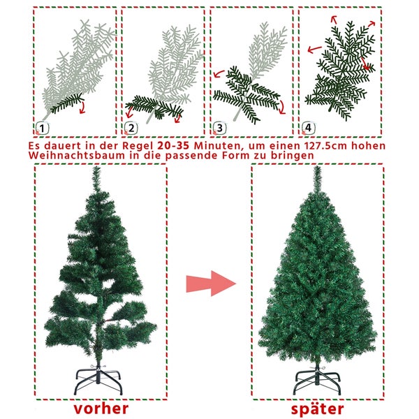 Anleitung zum Aufbau eines 127,5 Zentimeter hohen Weihnachtsbaums mit Vorher-Nachher-Darstellung