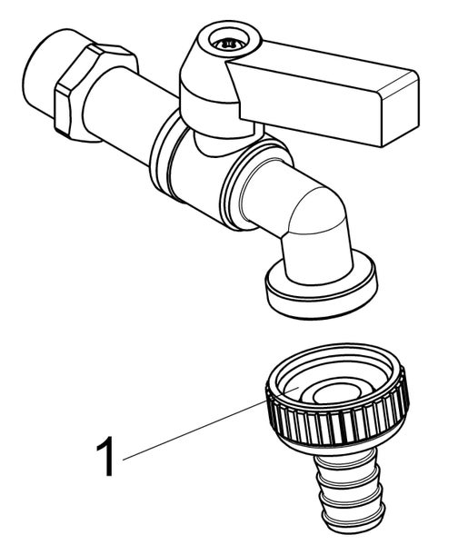 Technische Zeichnung eines Kugelauslaufhahns mit Hebelgriff und Schlauchverschraubung.