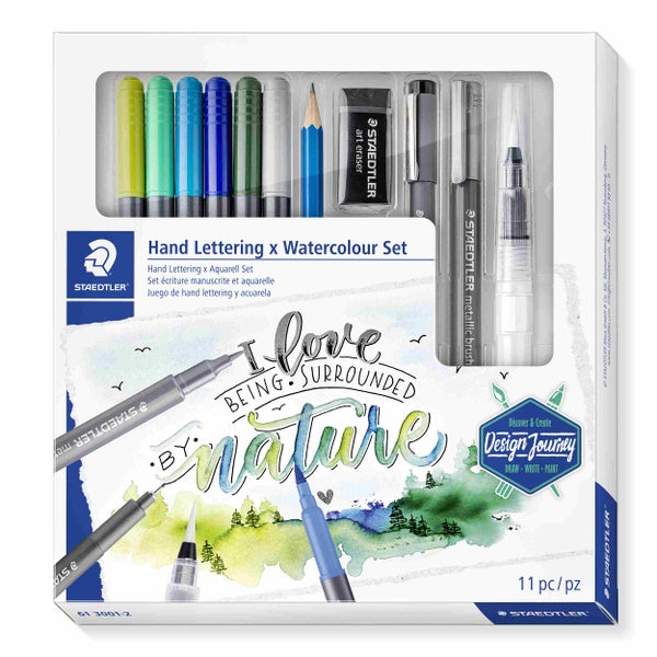 Staedtler Hand Lettering x Watercolour Set, 11-teilig, mit verschiedenen Fasermalern, Bleistift, Radiergummi und Wassertankpinsel.