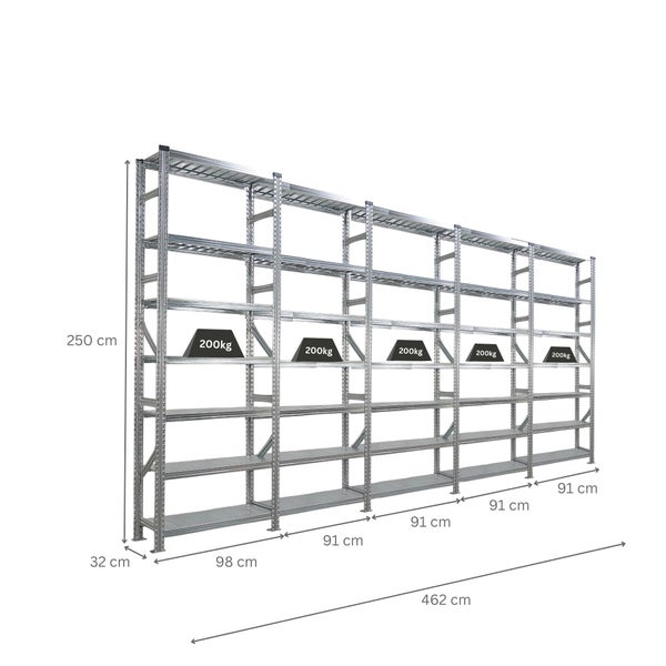 Langes Metallregalsystem mit mehreren Regalebenen und Gewichtsangaben