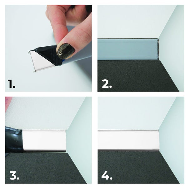 Montageanleitung für eine Sockelleiste in vier Schritten.