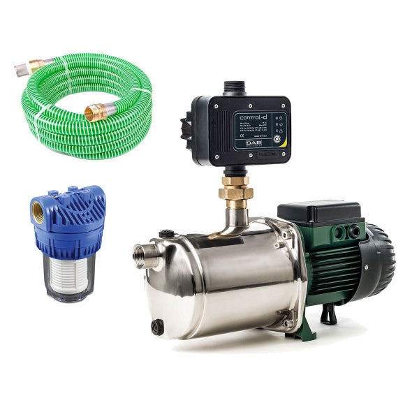 Hauswasserwerk mit Drucksteuerung, Saugschlauch und Filter