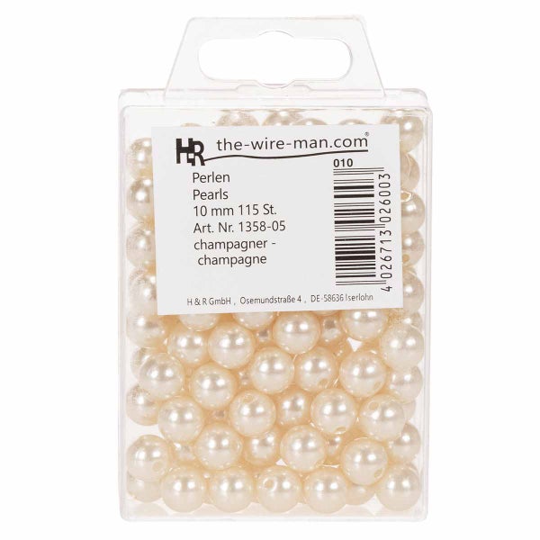 Packung mit 115 Perlen, 10 Millimeter Durchmesser, Farbe Champagner, in transparenter Aufbewahrungsbox.