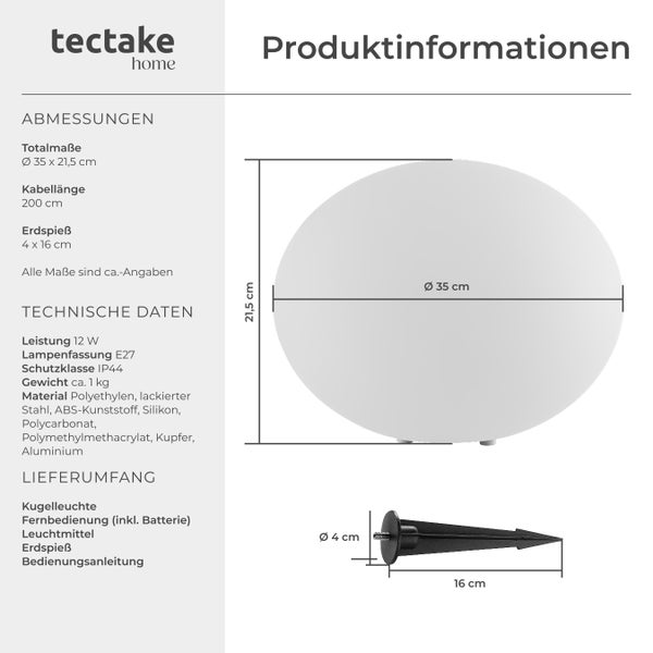 tectake Luminous Eye Kugelleuchte Luminous Eye, LED, mit Fernbedienung inklusive Erdspieß weiß