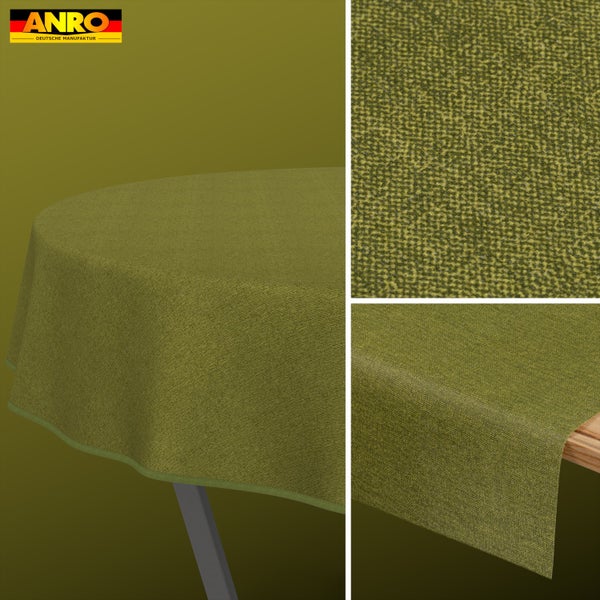 Grüne strukturierte Tischdecke mit meliertem Gewebe, Detailaufnahme der Stoffstruktur und ANRO DEUTSCHE MANUFAKTUR Logo.