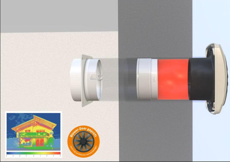 Schematische Darstellung eines Wandlüfters für die Wärmerückgewinnung mit Infrarot Thermografieaufnahme und Blower Door Prüfsiegel.