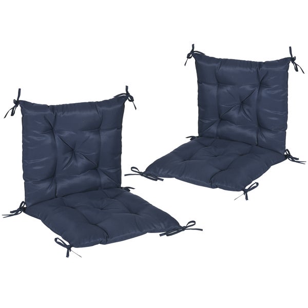 Zweiteiliges Set dunkelblaue Stuhlauflagen mit Sitzfläche und Rückenlehne, Befestigungsbändern und Steppung.