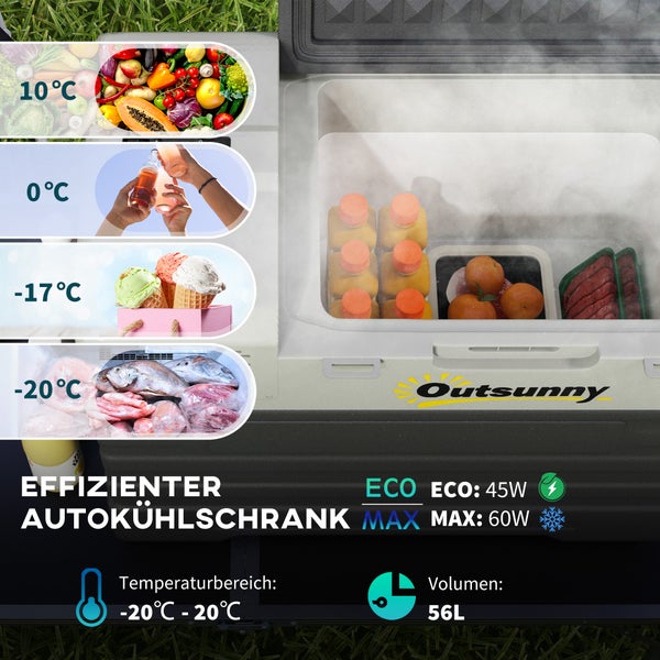 Outsunny Kompressor Kühlbox 56L, Kühlbox Auto 12/24V DC & 240V AC bis -20°C, Tragbar Gefrierbox mit ECO/MAX Modi, Mini Kühlschrank mit Teleskopstange, Rad, für Camping, Lkw, Boot und Steckdose