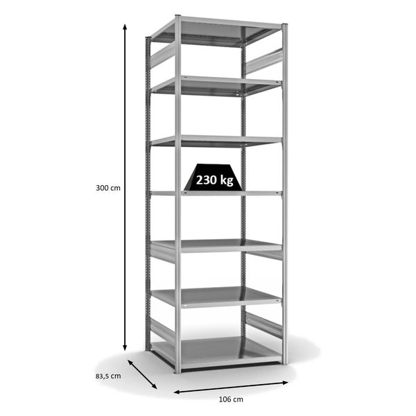 PROREGAL Fachbodenregal Stecksystem T-Profil Medium-Duty Grundregal HxBxT 300 x 100 x 80 cm 7 Ebenen Fachlast 230 kg Beidseitig Nutzbar Verzinkt