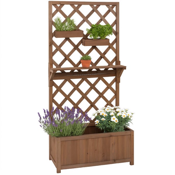 Pflanzkasten aus Holz mit Rankgitter, einem Regalbrett und zwei kleinen Blumenkästen zum Einhängen.