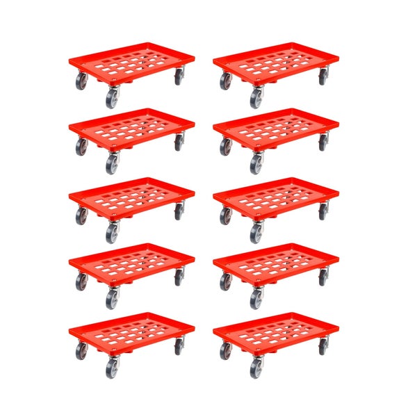 PROREGAL SparSet 10x Transportroller für Euroboxen 60 x 40 cm mit Gummiräder Rot Gitter/Rasterdeck 2 Lenkrollen und 2 Bockrollen Traglast 300 kg