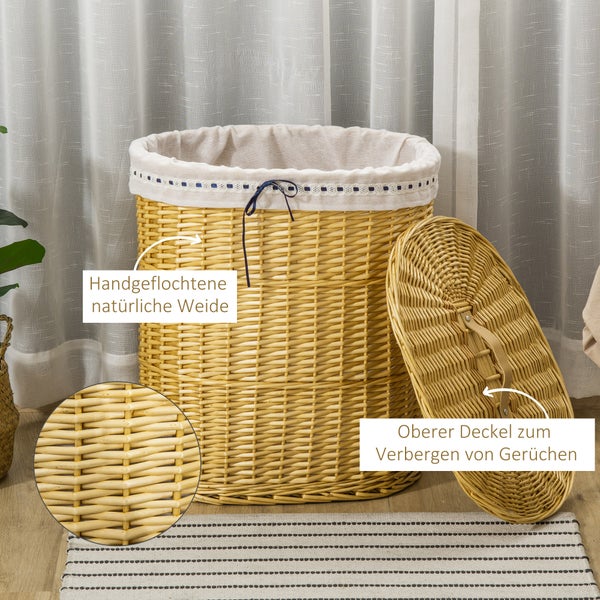 HOMCOM Wäschekorb aus Weide Weidenrute Wäschebox Wäschesammler geflochten mit Wäschesack mit Deckel Natur 100L 51 x 38 x 57 cm