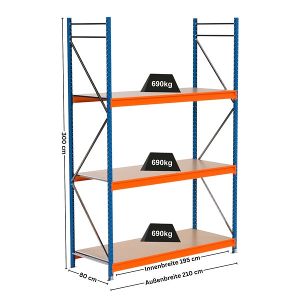 Regal mit drei Ebenen, Abmessungen 300 x 210 x 80 cm, Belastbarkeit 690 kg pro Ebene