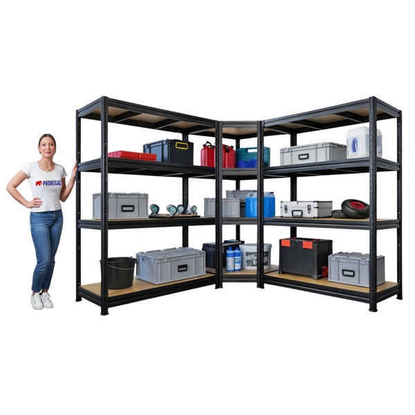 L-förmiges Schwerlast-Eckregal aus schwarzem Metall mit Holzböden, bestückt mit Lagerboxen und Kanistern für die Werkstatt.