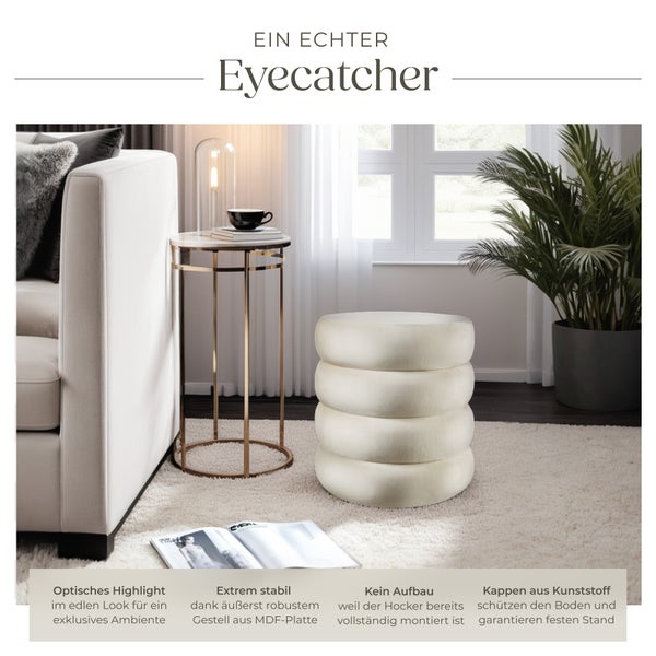 Sitzhocker mit Stauraum tectake Altu 42 x 42 x 47 cm rund Samtoptik creme-weiß