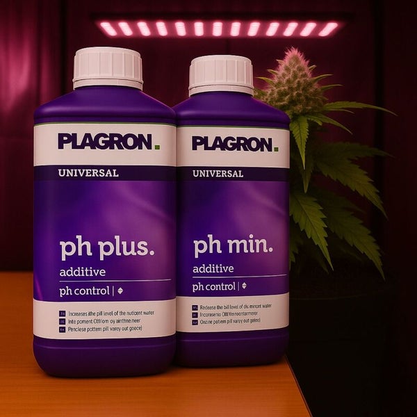 Zwei Flaschen Plagron Universal pH Plus und pH Min Additive zur pH-Wert-Regulierung für Pflanzen