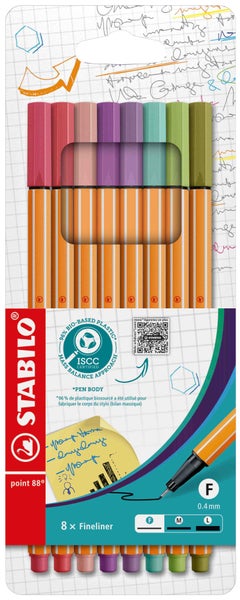 Stabilo point 88 Fineliner Set mit 8 Stiften, 0,4 Millimeter Strichbreite, nachhaltig aus biobasiertem Kunststoff gefertigt.