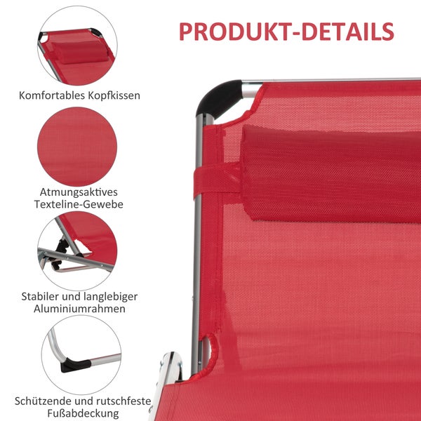 Outsunny Sonnenliege faltbar Gartenliege mit Kopfkissen Liegestuhl mit der 4-stufig verstellbaren Rückenlehne Campingliege bis 120 kg belastbar für Outdoor-Park, Garten, Rot