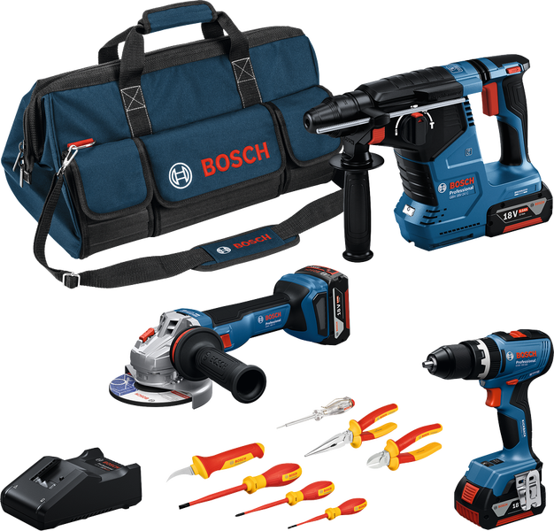 Bosch Professional 18 Volt Elektrowerkzeug Set mit Bohrhammer, Winkelschleifer, Schlagbohrschrauber, Ladegerät, Werkzeugtasche und Handwerkzeugen.