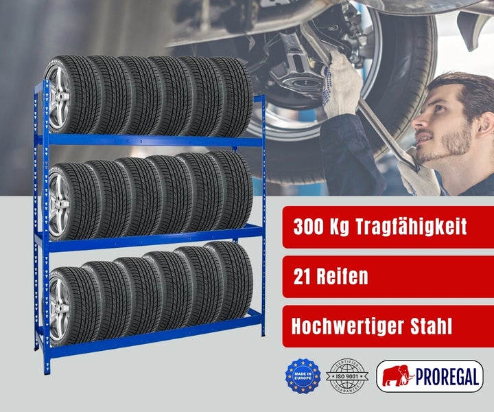 Reifenregal aus Stahl für 21 Reifen, 300 Kilogramm Traglast, in Werkstatt mit Mechaniker, ProRegal Logo, Hergestellt in Europa.