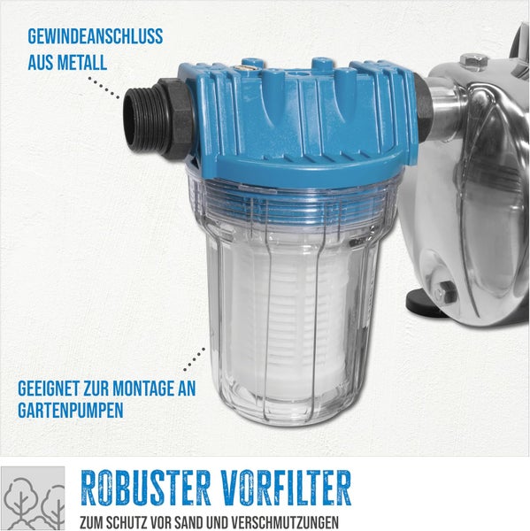 Robuster Vorfilter für Gartenpumpen mit Gewindeanschluss aus Metall zum Schutz vor Sand und Verschmutzungen.
