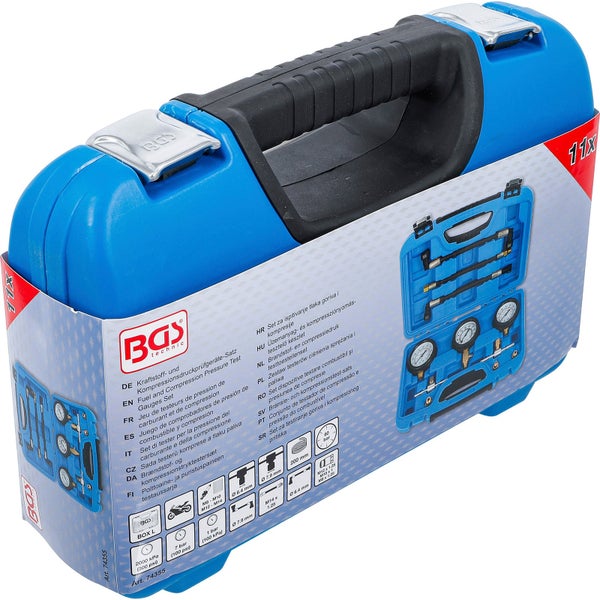BGS Technic Kraftstoff- und Kompressionsdruckprüfgeräte-Satz, 11-teilig, in blauem Kunststoffkoffer mit schwarzem Handgriff, BGS Technic Logo.