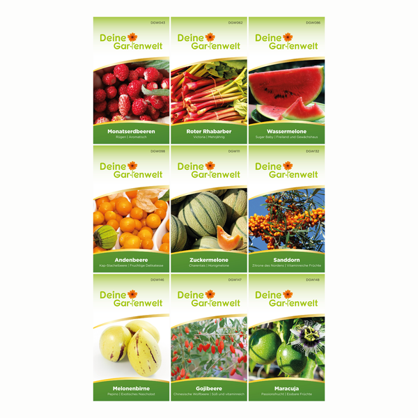 Neun Samentüten von Deine Gartenwelt: Erdbeere, Rhabarber, Wassermelone, Andenbeere, Zuckermelone, Sanddorn, Melonenbirne, Gojibeere und Maracuja.
