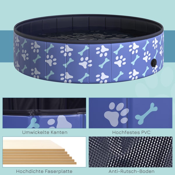 PawHut Hundepool, Ø120 x 30H cm, kunststoff, Verbundwerkstoffplatte, Blau