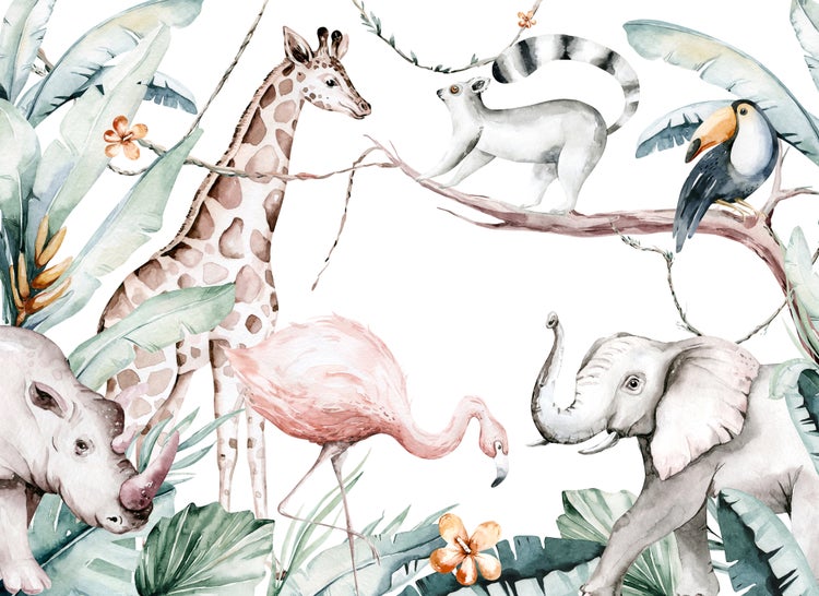 Tapete mit Safari-Tieren wie Giraffe, Elefant, Flamingo, Nashorn, Lemur und Tukan im Aquarell-Stil mit tropischen Blättern.