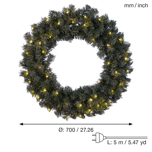 Weihnachtlicher Türkranz mit Beleuchtung, Durchmesser 700 Millimeter, Kabellänge 5 Meter