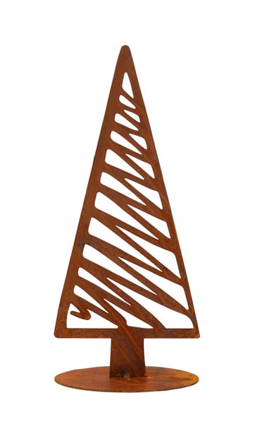 Dekorativer Weihnachtsbaum aus Metall in Edelrost-Optik, stilisierte Tanne mit Ausschnitten auf rundem Standfuss.