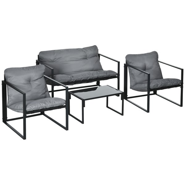Outsunny Gartenmöbel Set 4 Personen Stahl wetterfest Balkonmöbel-Set mit 2er Sofa, Sessel Glastisch Sitzkissen Outdoor Sitzgruppe Terrassenmöbel Gartengarnitur für Garten Terrasse Balkon Grau+Schwarz