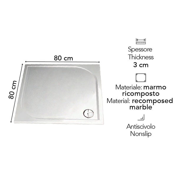 Viertelkreis-Duschwanne aus Mineralguss, 80 mal 80 Zentimeter, Stärke 3 Zentimeter, rutschfest.