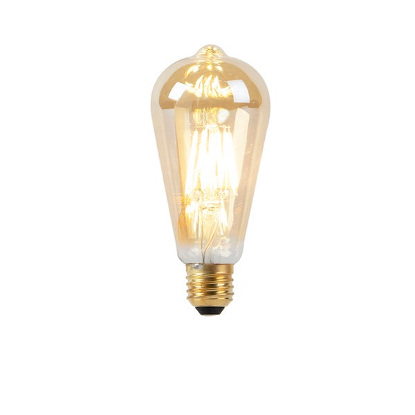 LED-Filament-Leuchtmittel in Vintage-Birnenform ST64 mit E27-Sockel, bernsteinfarbenes Glas, eingeschaltet.