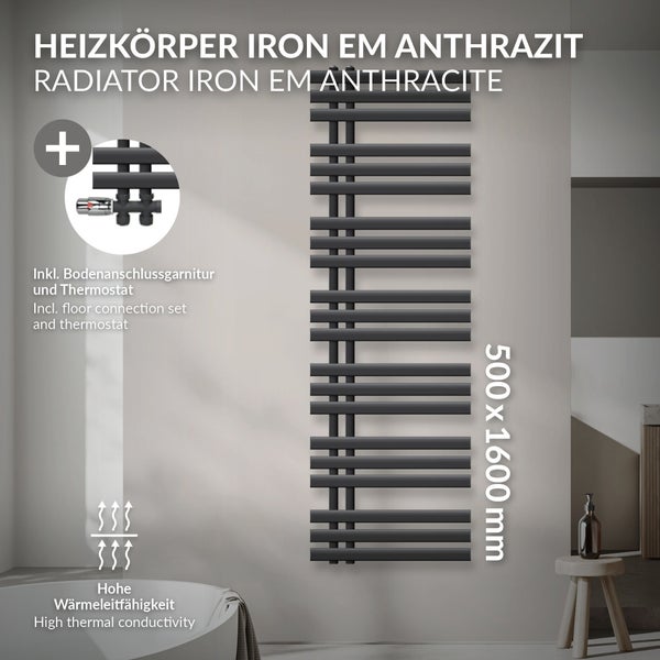 LuxeBath Badheizkörper Iron EM 500x1600 mm Anthrazit Mittelanschluss mit Anschlussgarnitur Thermostat Durchgang Boden, Design Heizkörper Bad Heizung Handtuchwärmer Handtuchtrockner Handtuchheizkörper