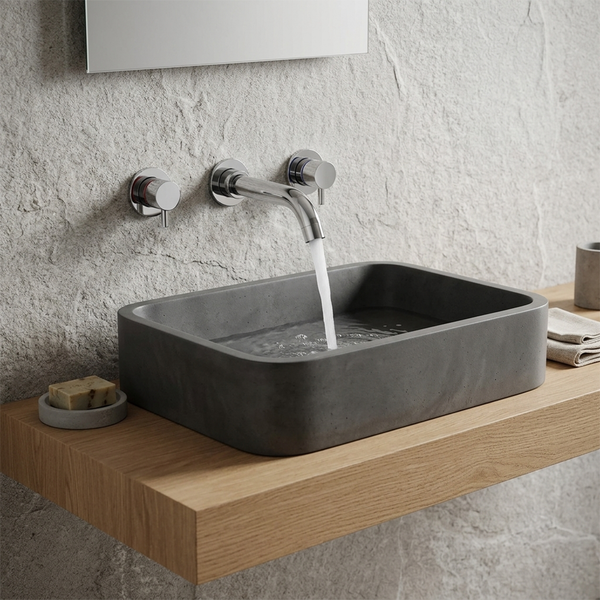 Modernes Badezimmer mit rechteckigem Waschbecken in Beton-Optik auf Holzkonsole und verchromter Drei-Loch-Wandarmatur vor einer hellen Steinwand.